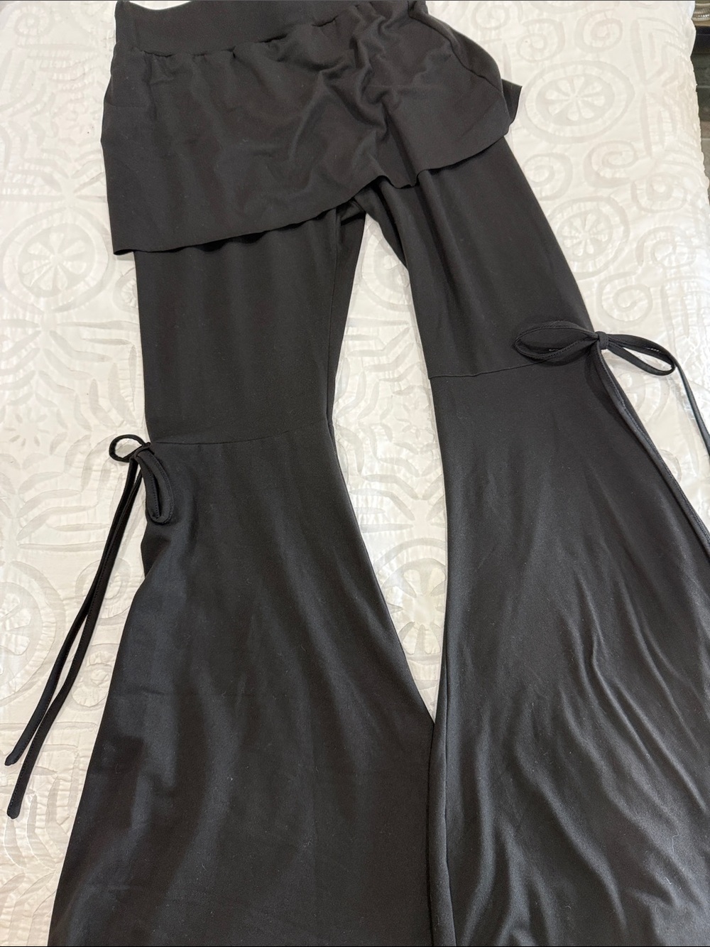 Black Flared Tie-Detail Women's Pants with attached Skirt